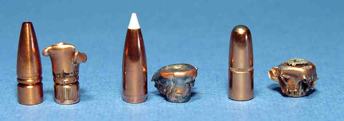 Tests of the (left to right): Lehigh 110-grain Controlled Chaos, Nosler 125-grain AccuBond and the Hornady 150-grain InterLock RN in dry newspaper indicated all three will penetrate well on pigs.
